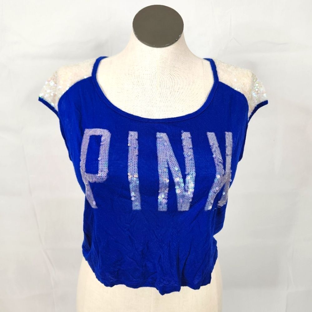 VS PINK Royal Blue Iridescent White Sequin Bling Logo Scoop Crop Top Sz Sm